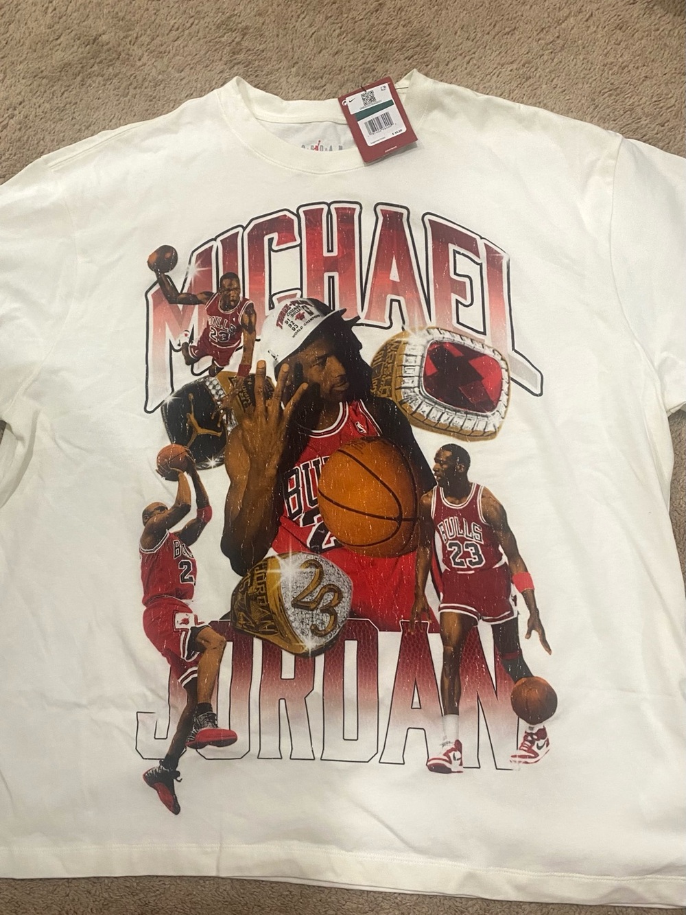 Nike Jumpman Michael Jordan Graphic 3 Peat Crewneck Tee - Cream with Red Accents